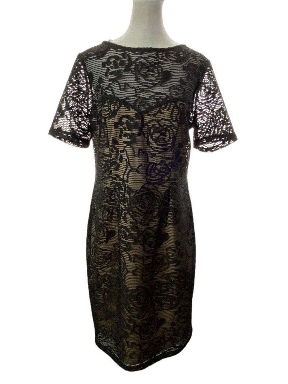 ADRIANNA PAPELL Women Knee Length Lace Overlay Short Sleeve Dress Sz 12 Black